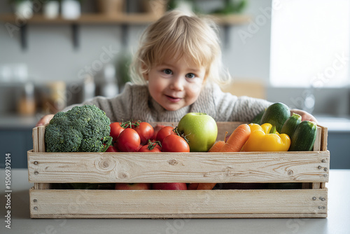 Smiling toddler exploring fresh vegetables in rustic wooden box indoors