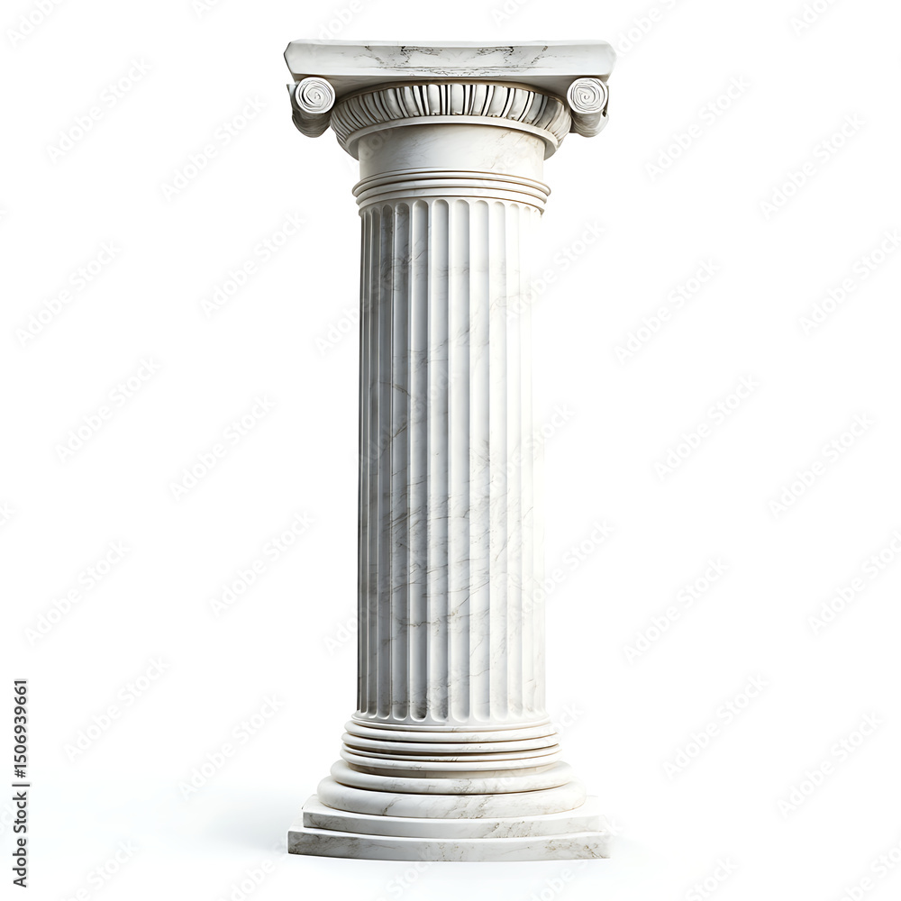 Classical white marble ionic column, a single architectural element exhibiting its elegant volutes and fluted texture, isolated on a plain backdrop Classical white marble ionic column, a single architectural element exhibiting its elegant volutes and fluted texture, isolated on a plain backdrop