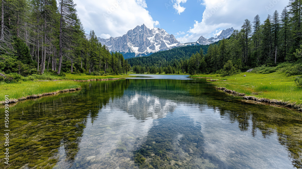 Fototapeta premium Serene lake surrounded by lush greenery and majestic mountains reflects beauty of nature
