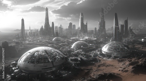 Futuristic Martian Cityscape: A Monochrome Vision of  Colonization and Progress on the Red Planet