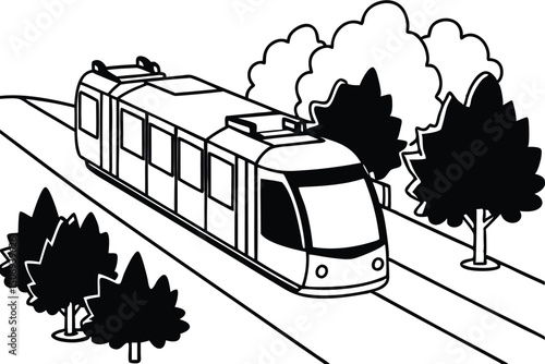 Black and white illustration of a modern train traveling on a track through a park with trees