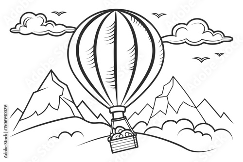A simple outline drawing of a hot air balloon floating over mountains with clouds and birds