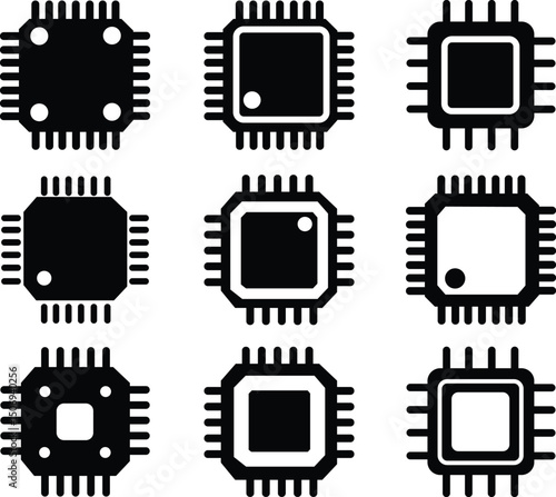 Set of computer microchip icon. CPU Processor chips icons collection . Circuit and AI chip signs. vector illustration