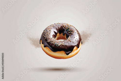 Falling frosted sprinkled chocolate donut, sweet doughnut isolated on transparent background	