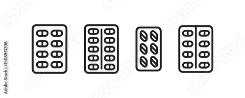Outline icons of pill blister packs in various arrangements.