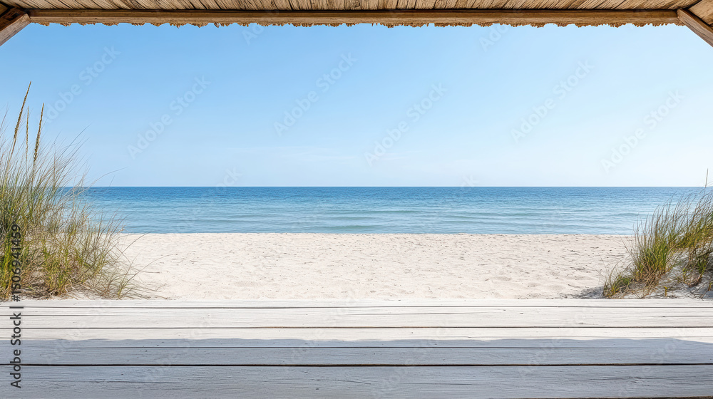 Fototapeta premium Serene ocean view from rustic beach cabana with soft sand and gentle waves