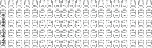 kettlebell icons set. Dumbbell weight gym sign 1 to 100 kg collection. Fitness and exercise equipment vector in line