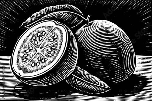 guava with flesh vector black and white isolated hand drawn sketch