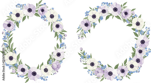 Purple anemones, white lilies, green leaves, morning glory and butterfly. Watercolor botanical bouquet suitable for greeting cards, wedding invitations, branding,