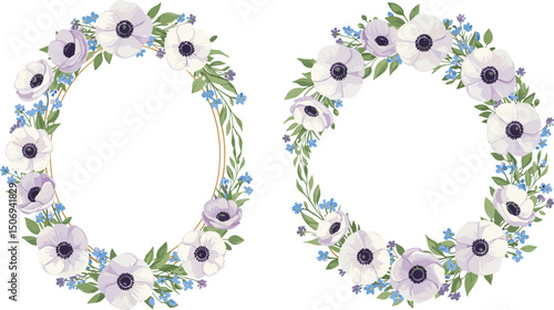 Purple anemones, white lilies, green leaves, morning glory and butterfly. Watercolor botanical bouquet suitable for greeting cards, wedding invitations, branding,