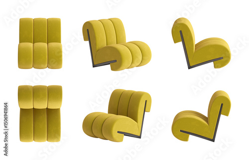 Set of six views of a curly-shaped armchair with a yellow boucle cover and wooden frame, isolated on a transparent background. Front, top, two sides, two perspectives. Furniture collection. 3d render