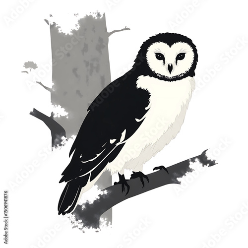 Owl Perched on Branch: An Owl perches serenely on a tree branch, captured in a striking artistic illustration, with a monochromatic palette, highlighting its elegant form.