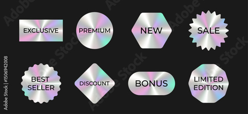 Iridescent marketing, sale text labels with chrome foil effect. Promo holographic gradient badge set. Premium, New, Bonus, Discount, Exclusive metallic stickers.