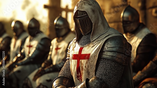 Group of medieval knights in armor with red crosses