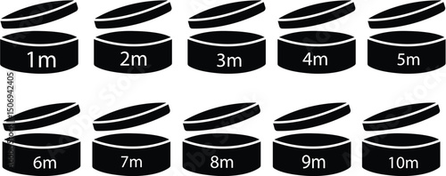Period after open icons set. Pao symbols 1m to 10m collection. Round box with cap opened. Expiration period in months signs for cosmetic packaging. flat vector