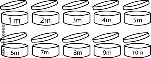 Period after open icons set. Pao symbols 1m to 10m collection. Round box with cap opened. Expiration period in months signs for cosmetic packaging. line vector