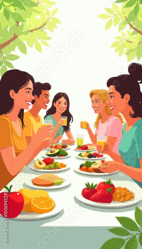 a group of young people eating nutritious and healthy foods such as fruits