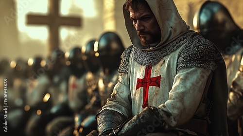 Templar knight in armor with red cross emblem