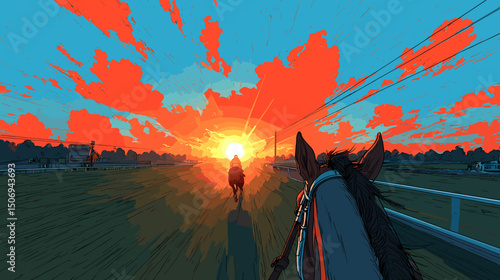 夕焼けの競馬場を駆け抜ける騎手の視点	、ベクターイラスト