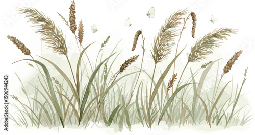 Various grass blades and dried flowers with white butterflies. Watercolor long composition, painted in natural tones, for eco branding