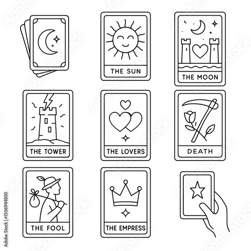Vector icon set of tarot cards with mystical symbols and illustrations  