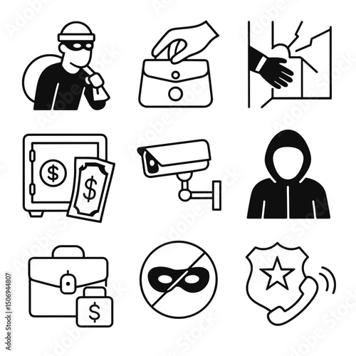 Vector icon set representing theft, security, and crime prevention