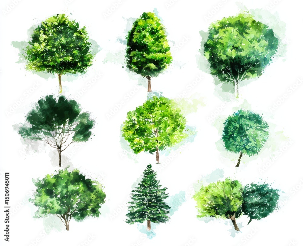 Fototapeta premium Watercolor illustrations of nine different green trees, viewed from above and the side, with varying shapes and foliage density.