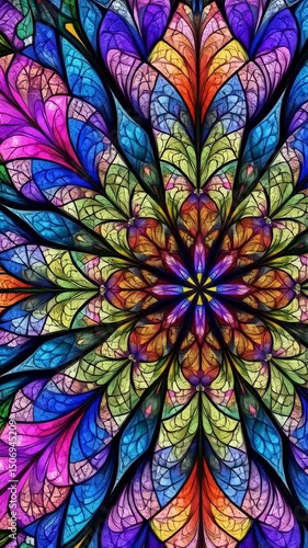 Vibrant floral stained glass pattern art, with colorful symmetrical shapes, petal design, and intricate linear elements creating eye-catching imagery.