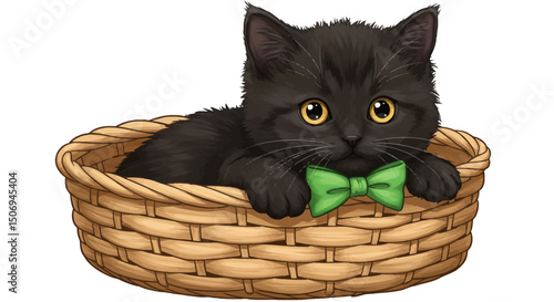 Adorable Black Kitten in a Woven Basket A Charming Illustration