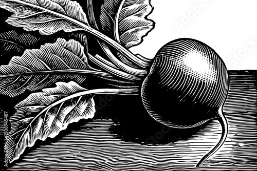 Beetroot fresh red beet with leaves black and white isolated hand drawn sketch