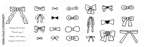 Hand drawn ribbon illustration set. Cute bowknot, tie vector clipart.