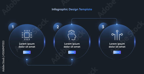 Horizontal Linear Infographic Tech Template with Neon Gradient Circle. UI Interface Layout 3 Step Process Connecting with Line Node feathering AI Data Analysis Semiconductor Icons Technology Report.