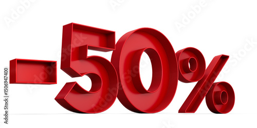 Red number -50% or Minus Fifty Percentage isolated on white background with shadow. 3d illustration