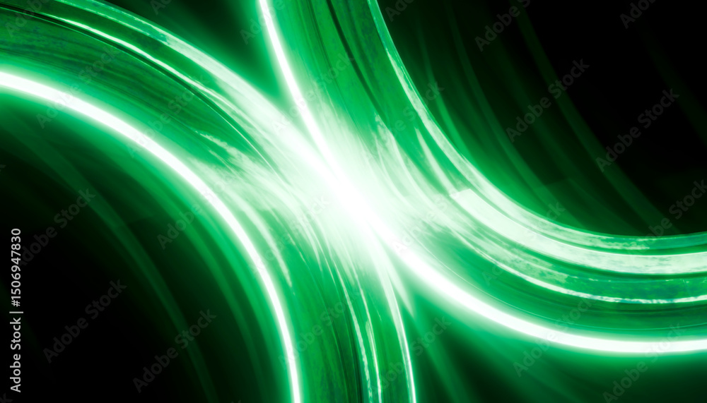 Abstract green glowing curves in a dark background with a 3D render effect Abstract green glowing curves in a dark background with a 3D render effect