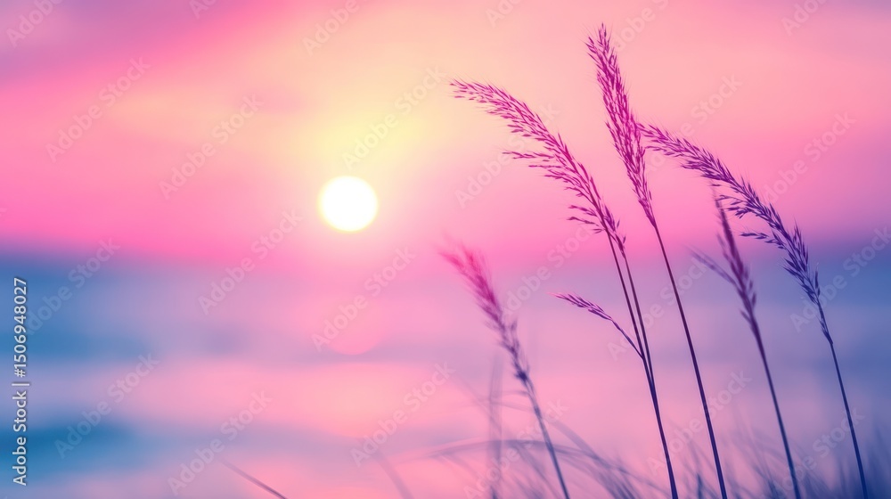 Obraz premium Pink sunset beach grass silhouette, ocean background, serenity postcard