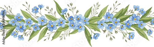 Blue beautiful branches of forget-me-nots with wild herbs. Botanical watercolor seamless border suitable for greeting cards, wedding invitations, branding, floristry, packaging and spring 