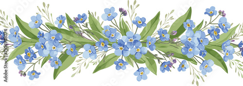 Blue beautiful branches of forget-me-nots with wild herbs. Botanical watercolor seamless border suitable for greeting cards, wedding invitations, branding, floristry, packaging and spring 