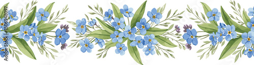 Blue beautiful branches of forget-me-nots with wild herbs. Botanical watercolor seamless border suitable for greeting cards, wedding invitations, branding, floristry, packaging and spring 