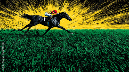 競馬場の芝生を駆け抜ける競走馬、ベクターイラスト
