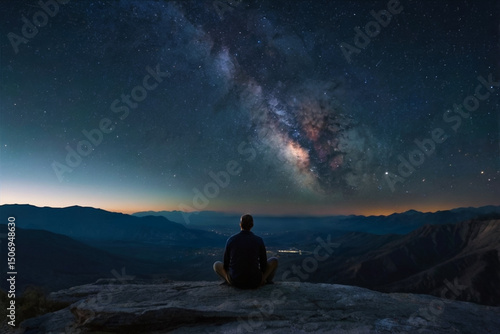 A person sitting on a rock ledge overlooking vast mountain ranges under a starry night sky, Milky Way visible, no technology, complete solitude, spiritual stillness