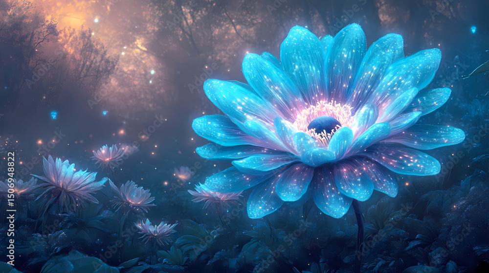 Obraz premium Surreal Glowing Bioluminescent Flower with Radiant Petals in a Dark Enchanted Forest Fantasy Setting
