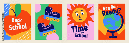 Set of Back to school cards. Simple flat style education icons, symbols, doodles on colorful background. Art collage, papers, hand drawn fun design elements. Bright colorful school subjects concept.