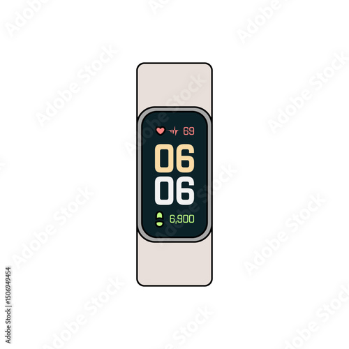 Modern lineal color vector of a smart fitness tracker showing heart rate, step count, and time. Ideal for apps, UI UX, health infographics, and wearable product mockups.