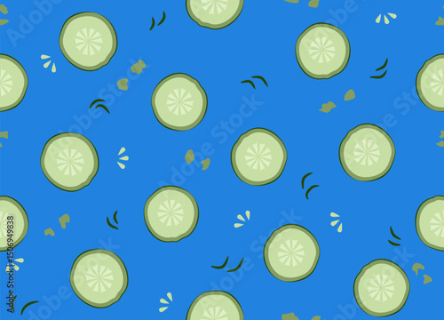 Cucumber slices isolated on blue background, illustration seamless pattern.
