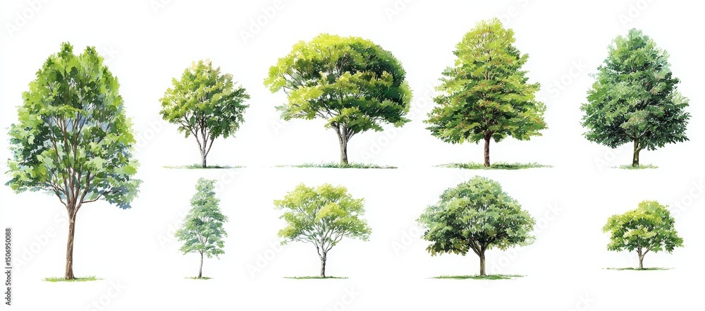 Fototapeta premium Eight different types of green trees are illustrated against a white background, showcasing various shapes and sizes.