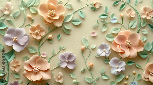 Top Down 3D View of a Seamless Pattern Featuring Repeating Geometric Shapes and Pastel Colors