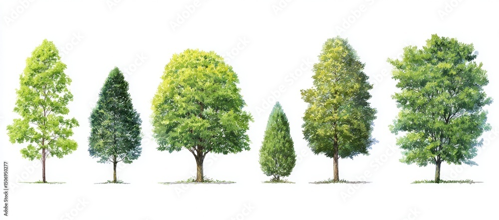 Fototapeta premium Eight different types of green trees are illustrated against a white background, showcasing various shapes and sizes.