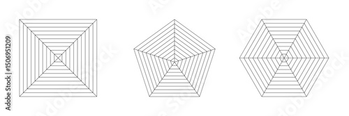 Blank spider radar Kiviat diagram with four, five and six segments. Sample of pentagon, hexagon and square chart. Analysis template. Vector illustration