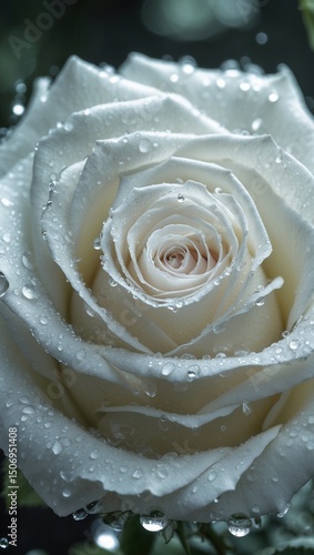 Close-up of a white rose covered in water droplets with soft natural lighting