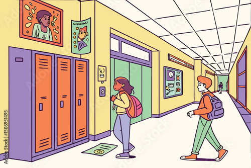 School hallway filled with lockers, posters, and students chatting